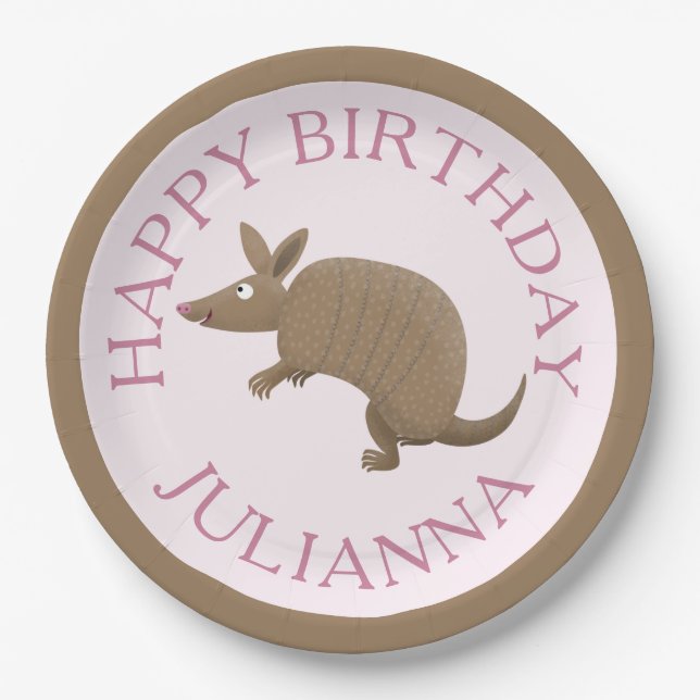 Personalised fun armadillo happy birthday cartoon paper plate (Front)