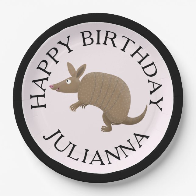 Personalised fun armadillo happy birthday cartoon paper plate (Front)