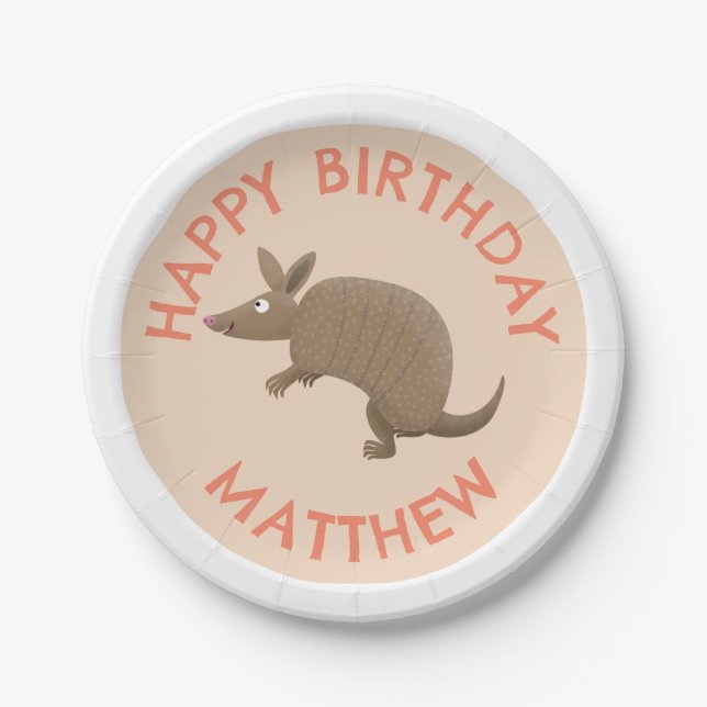 Personalised fun armadillo happy birthday cartoon paper plate (Front)