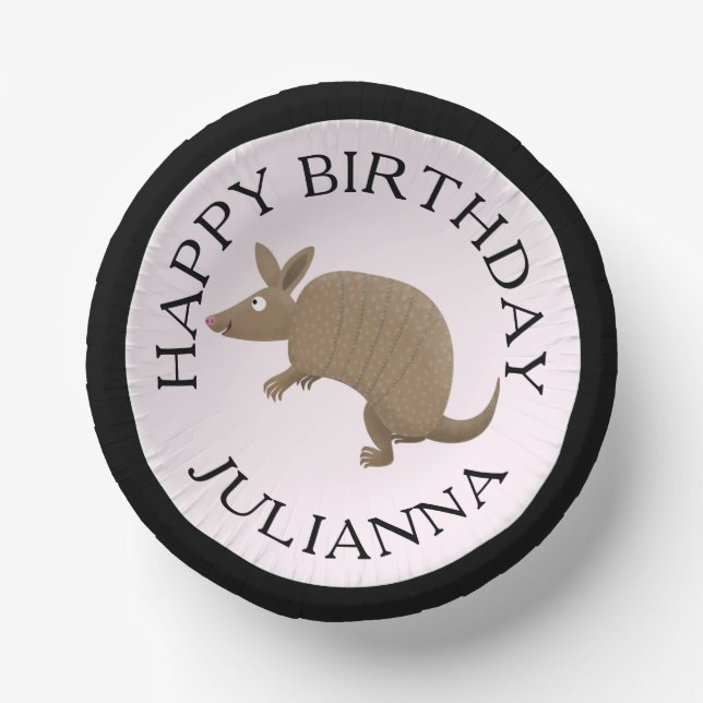 Personalised fun armadillo happy birthday cartoon paper plate (Front)