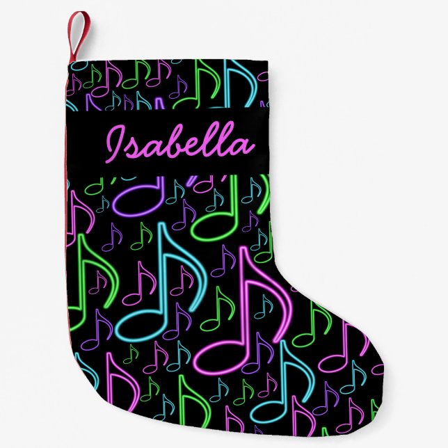 Personalised Fun Bright Neon Music Note Collage Small Christmas Stocking (Front)