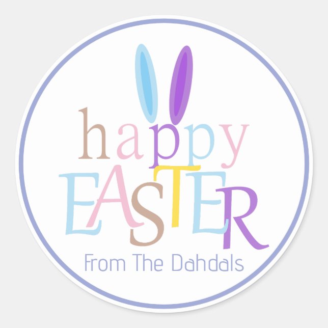 Personalised Fun Bunny Ears Happy Easter Blue Bell Classic Round Sticker (Front)