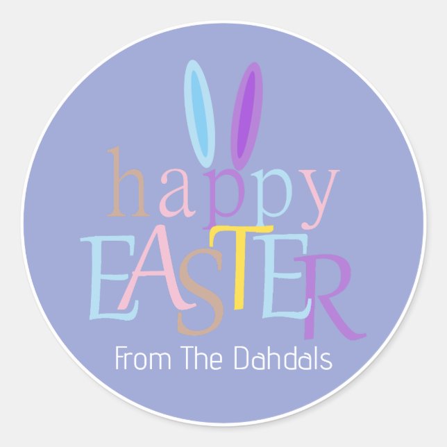 Personalised Fun Bunny Ears Happy Easter Rock Blue Classic Round Sticker (Front)