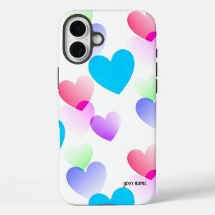Personalised Fun, Colourful Gliding Hearts Pattern iPhone 16 Plus Case