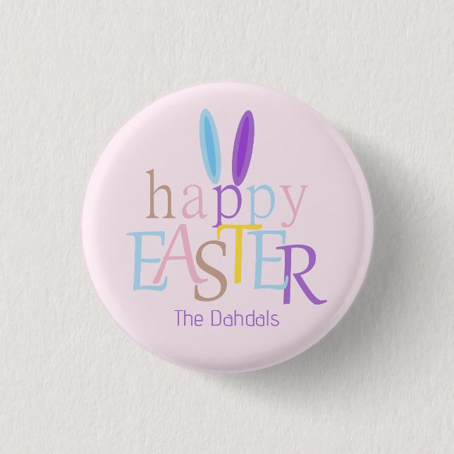 Personalised Fun Colourful Happy Easter Bunny Pink 3 Cm Round Badge (Front)