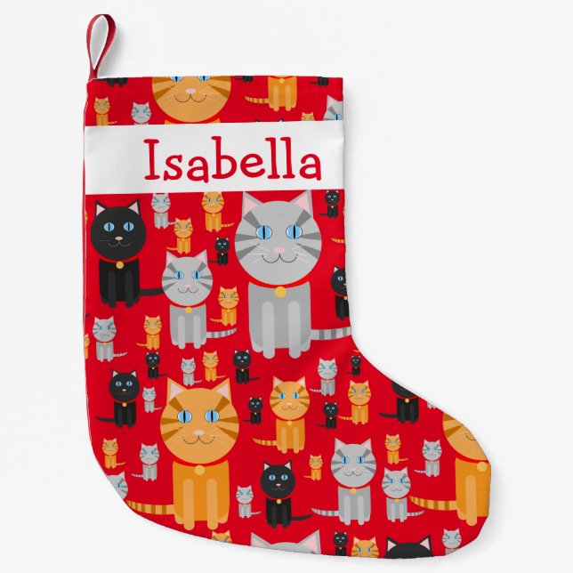 Personalised Fun Cute Orange, Grey, and Black Cats Small Christmas Stocking (Front)