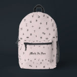 Personalised Fun Elegant Mathematical Symbols Pink Printed Backpack<br><div class="desc">The design is a fun typography one of the mathematical symbols, including decimal digits; Arabic numerals; arithmetic operators; and various equality, comparison, algebra, infinity symbols. It is a fun design that makes a thoughtful gift for the math lovers, students and teachers! For special requests or questions, contact the artist at...</div>