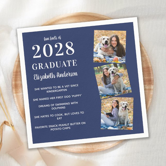 Personalised Fun Facts Navy Blue Photo Graduation Napkin (Creator Uploaded)