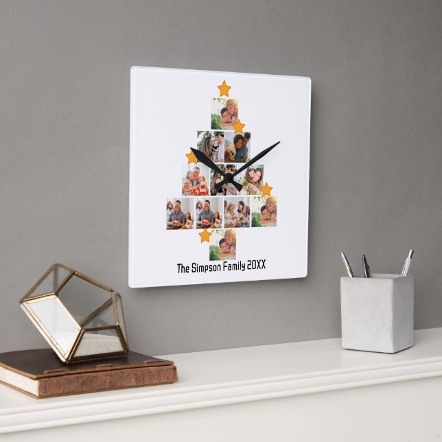 Personalised Fun Family Christmas 11 Photo Collage Square Wall Clock (Office)