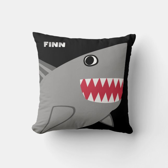 Personalised Fun Grey Shark on Black Cushion (Front)