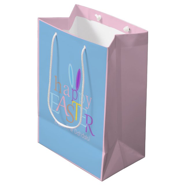 Personalised Fun Happy Easter Bunny Ears Blue Pink Medium Gift Bag (Front Angled)