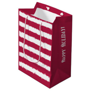 Personalised Fun Holiday Red, White Ribbon Stripes Medium Gift Bag