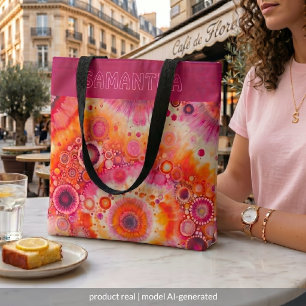 Personalised Fun Orange Hot Pink Batik Art Pattern Tote Bag