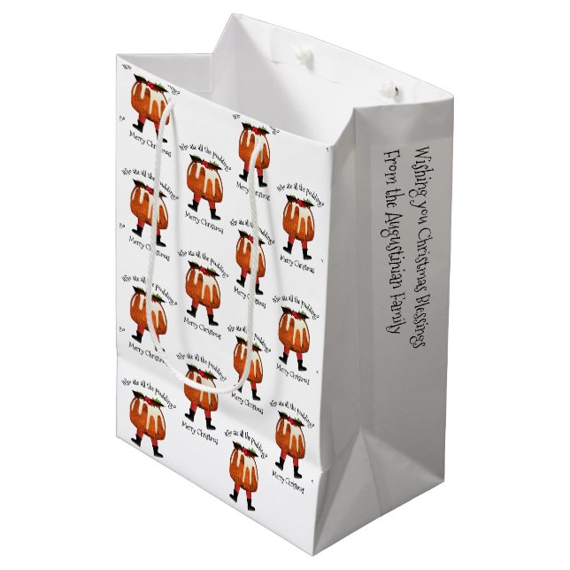 Personalised Fun Pudding Merry Christmas Medium Gift Bag (Front Angled)
