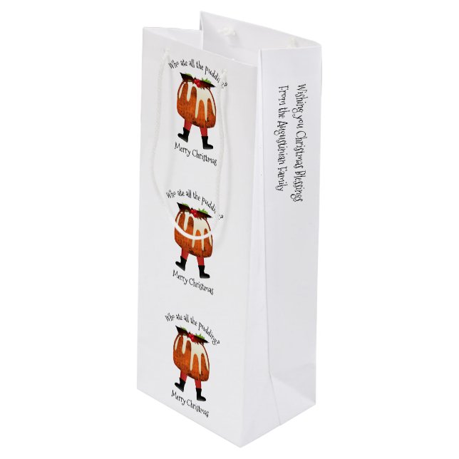Personalised Fun Pudding Merry Christmas Wine Gift Bag (Front Angled)
