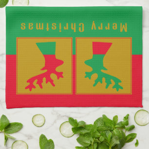Personalised Fun Reindeer Red Green & Gold Holiday Tea Towel