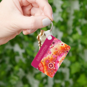 Personalised Fun Retro Orange Hot Pink Art Pattern Key Ring