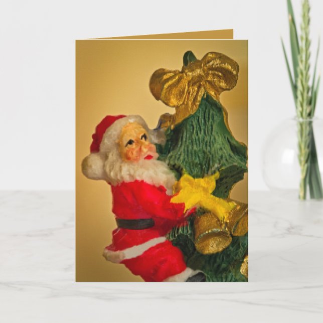 Personalised Fun Santa atop Christmas Tree, Golden Card (Front)
