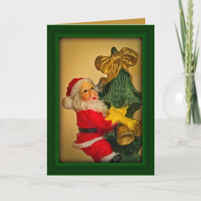 Personalised Fun Santa atop Christmas Tree, Green  Card (Front)