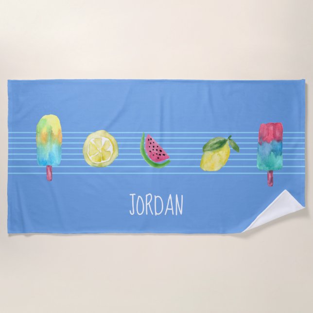 Personalised fun summer fruits popsicles  beach towel (Front)