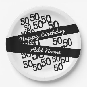Personalised Funky Black White 50th Birthday Paper Plate
