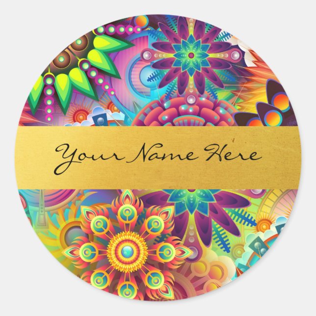 Personalised Funky Boho Floral Flame Mandalas Classic Round Sticker (Front)