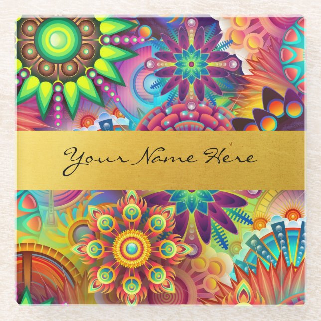 Personalised Funky Boho Floral Flame Mandalas Glass Coaster (Front)