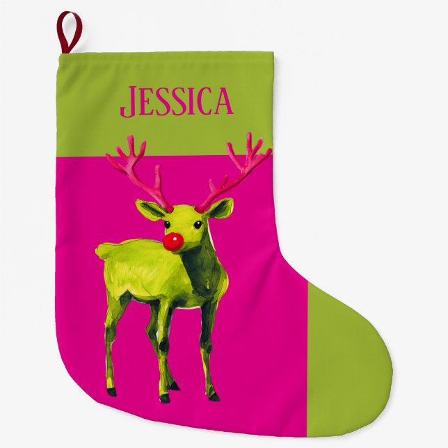 Personalised Funky Colourful Reindeer In  Large Christmas Stocking (Front)