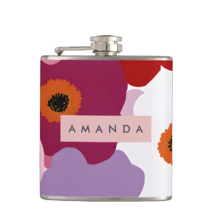 Personalised Funky Red and Pink Flower Design Hip Flask