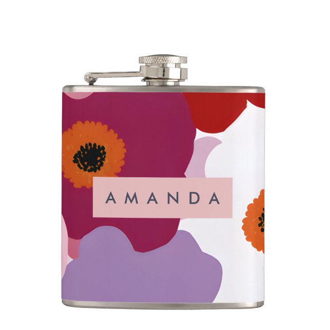 Personalised Funky Red and Pink Flower Design Hip Flask (Front)
