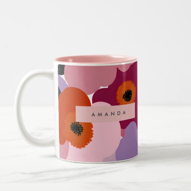 Personalised Funky Red and Pink Flower Design Two-Tone Coffee Mug (Left)