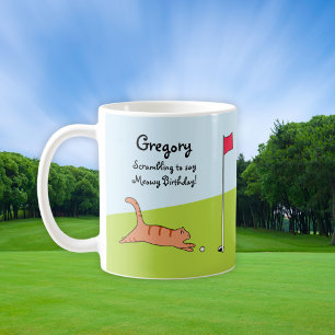 Personalised Funny Birthday Cartoon Cat Golf Joke Coffee Mug