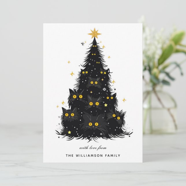 Personalised Funny Black Cat Christmas Tree Holiday Card (Standing Front)