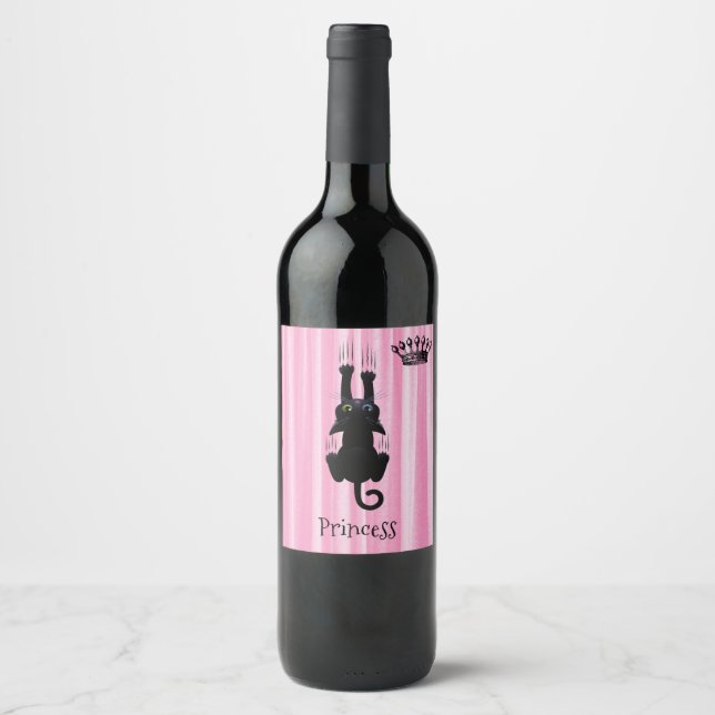 Personalised Funny Black Cat Princess Pink Wine Label (Front)