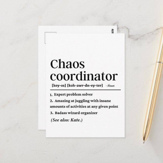 Personalised Funny Chaos Coordinator Definition Postcard (Front/Back In Situ)