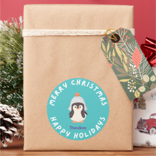 Personalised Funny Christmas Holiday Penguin Blue Classic Round Sticker