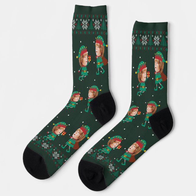 Personalised Funny Face Photo Christmas Elf Family Socks (Left)