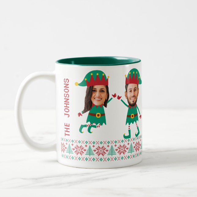 Personalised Funny Face Photo Christmas Elf Family Two-Tone Coffee Mug (Left)