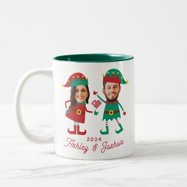 Personalised Funny Face Photo Christmas Elf Family Two-Tone Coffee Mug (Left)