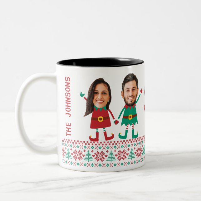 Personalised Funny Face Photo Christmas Elf Family Two-Tone Coffee Mug (Left)