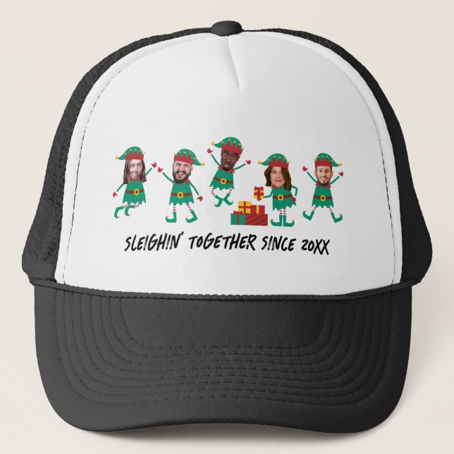 Personalised Funny Face Photo Christmas Elf Trucker Hat (Front)