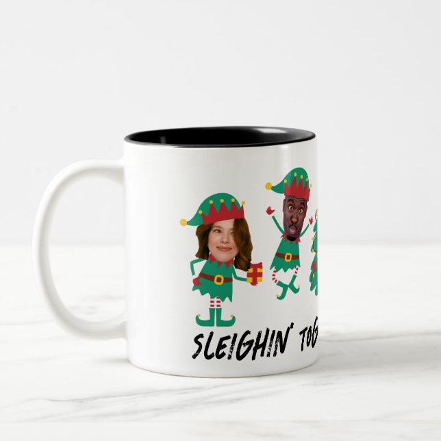 Personalised Funny Face Photo Christmas Elf Two-Tone Coffee Mug (Left)