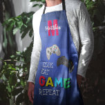 Personalised Funny Gamers All-Over Print Apron<br><div class="desc">The perfect Gamers apron featuring a blue pixel background,  two console controllers and the funny saying 'Cook,  Eat,  GAME,  Repeat'. Personalise by adding a monogram of their name and inital. Great gift for husbands,  boyfriends,  dads and brothers.</div>