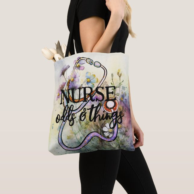 Personalised Funny Nurse Floral Stethoscope Boho  Tote Bag (Close Up)