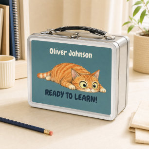 Personalised Funny Orange Cat Dark Teal Metal Lunch Box