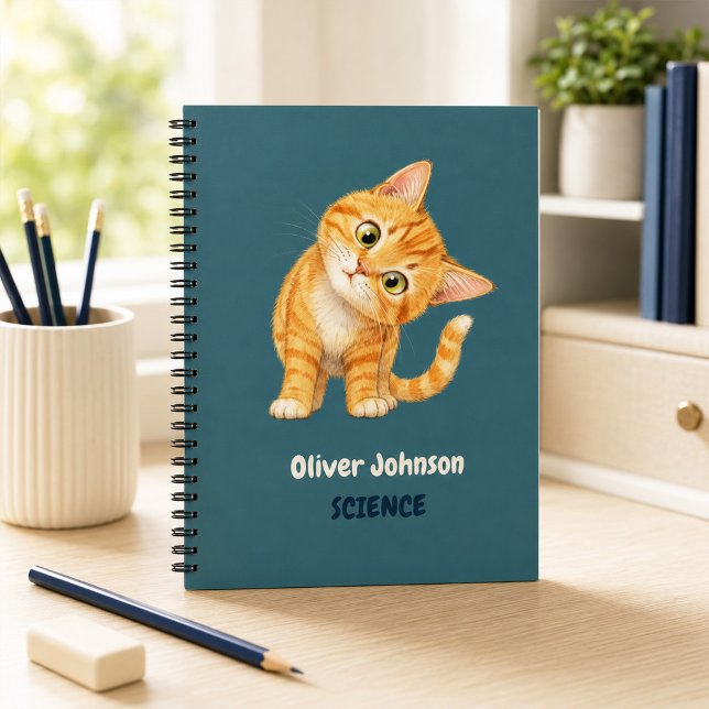 Personalised Funny Orange Cat Dark Teal School Notebook (Personalized Funny Orange Cat Dark Teal School Notebook)