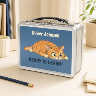 Personalised Funny Orange Cat Denim Blue Metal Lunch Box