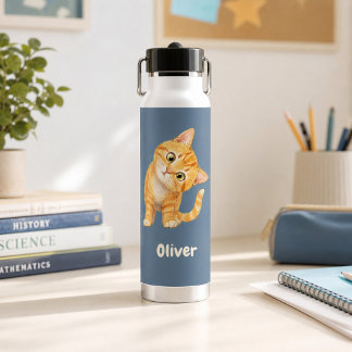Personalised Funny Orange Cat Denim Blue Water Bottle