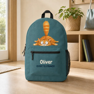 Personalised Funny Orange Cat Petrol Blue Boys  Printed Backpack