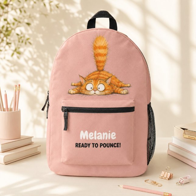 Personalised Funny Orange Cat Pink Kids School  Printed Backpack (Personalized Funny Orange Cat Pink Kids School Printed Backpack)